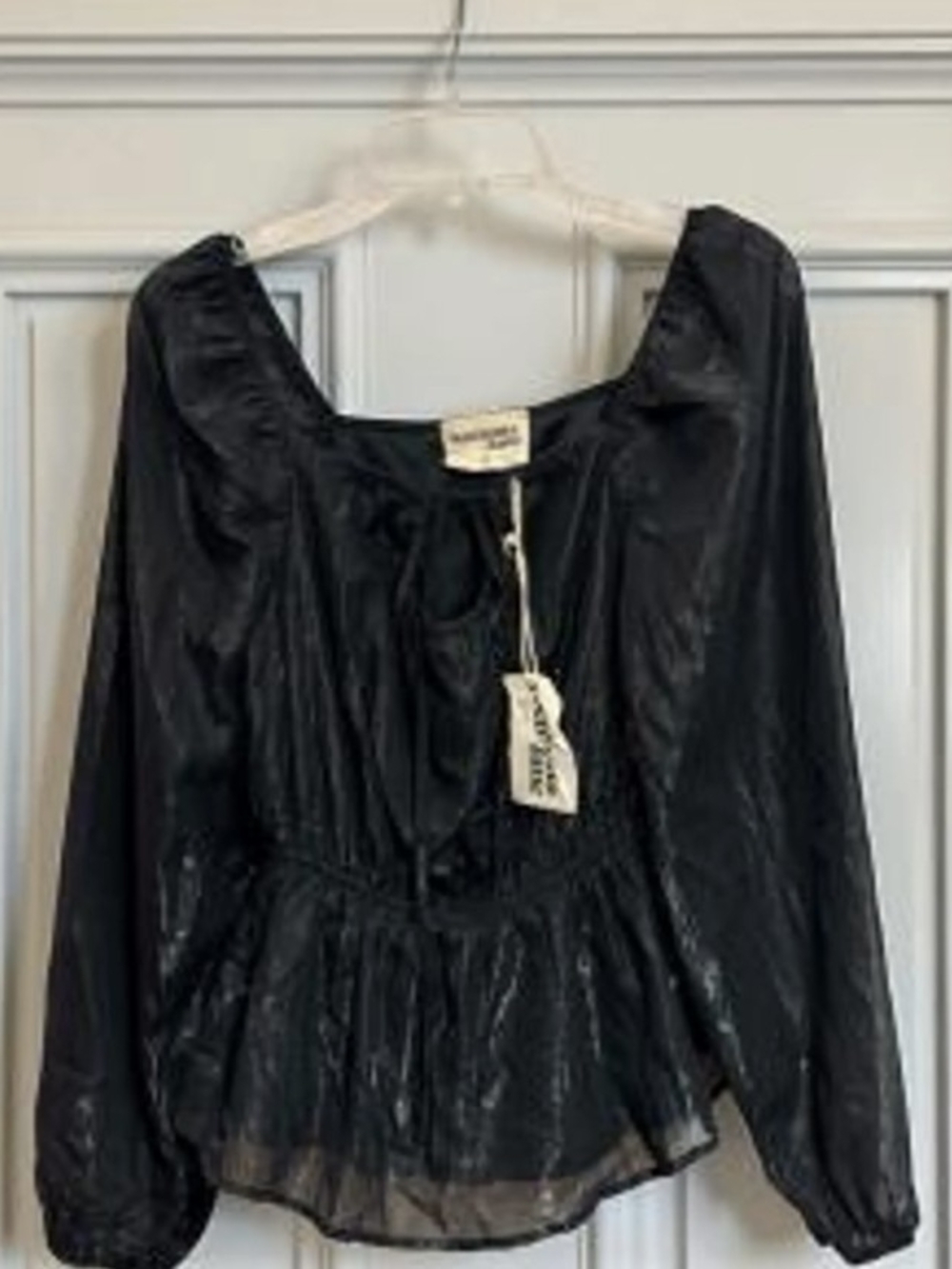 Savanna Jane Black Sheer Peplum Blouse with Tie